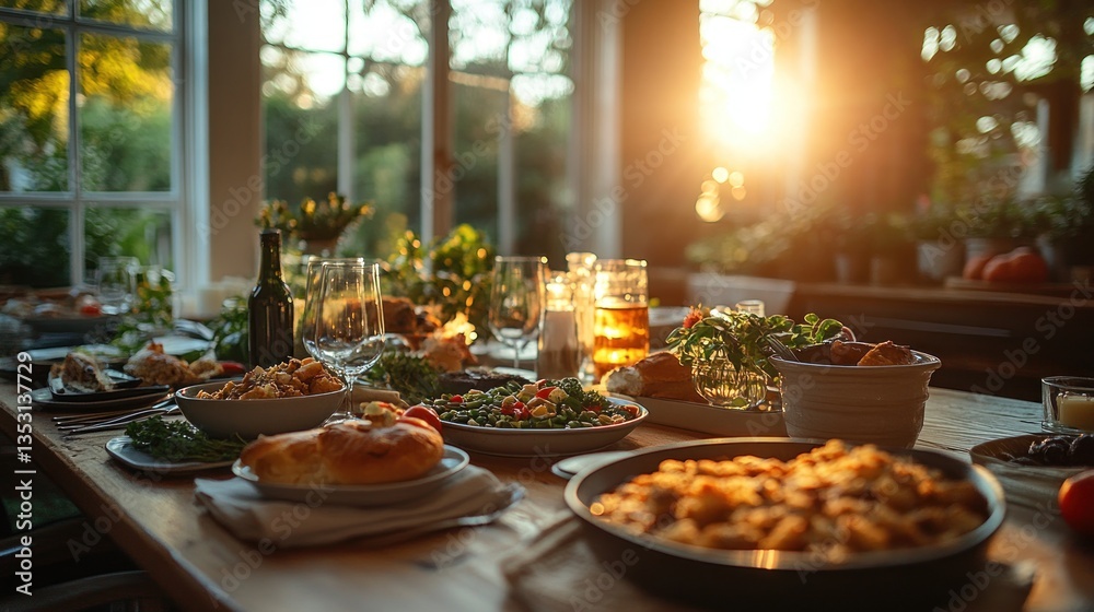 Sunset dinner feast on table in sunroom with garden view Sunset dinner feast on table in sunroom with garden view