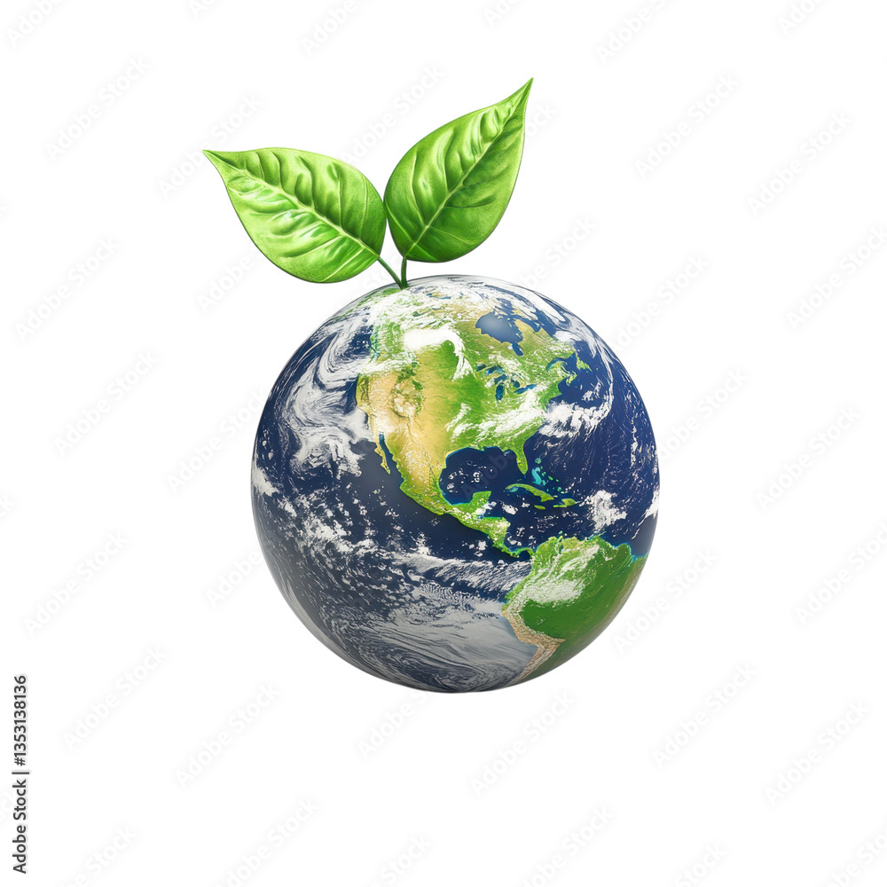 Small Earth globe with two bright green leaves growing from it isolated on transparent background