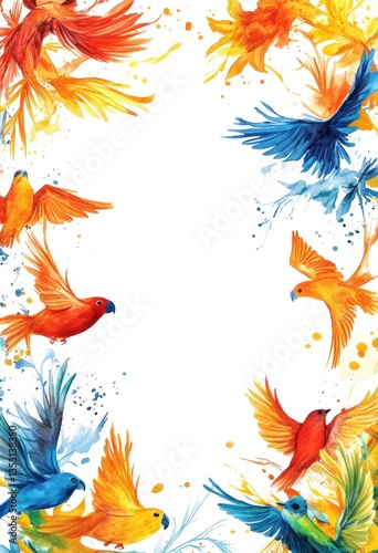 Colorful watercolor paintings of birds gracefully flying in the air