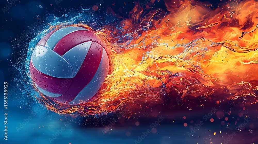 Fiery volleyball engulfed in flames and water.