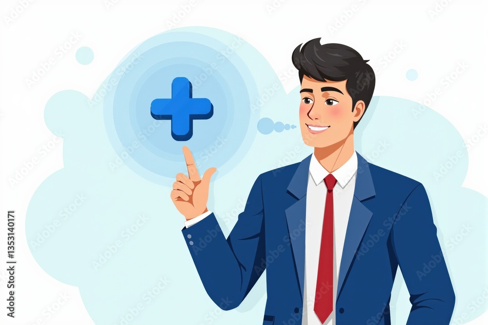 Professional Young Man in a Suit Pointing at a Blue Plus Sign Symbol, Representing Growth and Opportunities in a Business Environment Professional Young Man in a Suit Pointing at a Blue Plus Sign Symbol, Representing Growth and Opportunities in a Business Environment