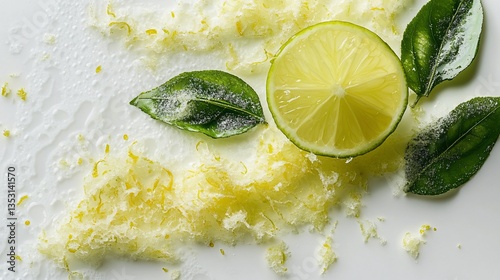Close-up of Fresh Lime Slices, Zest, and Leaves on a White Background