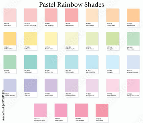 Color Swatches 32 Pastel Rainbow Shades - 3d Light Faded, Vintage Tones - with HEX Codes and Names, Colour Palette, Scheme and Combinations