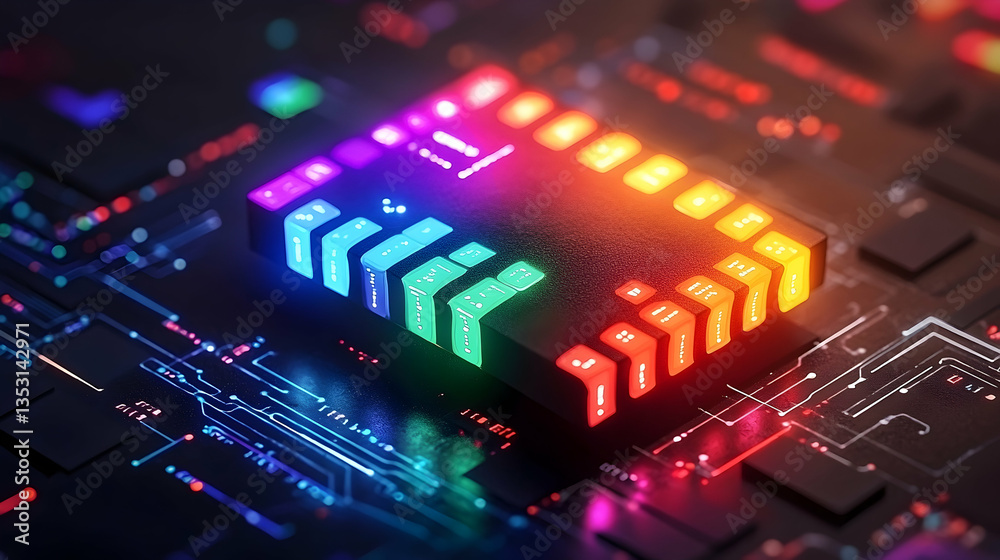 Fototapeta premium Colorful CPU on Circuit Board, Technology Background