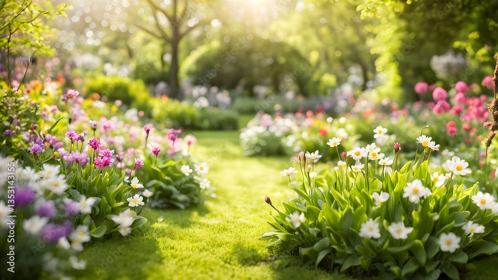 Fototapeta premium Vibrant spring flowers bloom along a sun-drenched garden path.