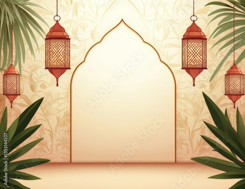 Ornamental archway, lanterns, tropical foliage,  empty space, backdrop for celebration photo