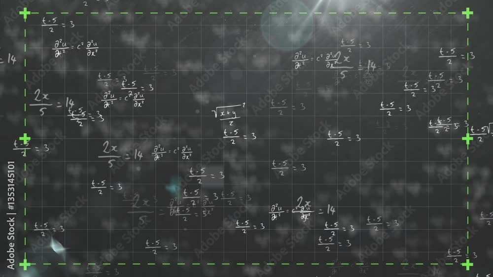 Animation of mathematical equations with green crosshair and light flare on dark grid Animation of mathematical equations with green crosshair and light flare on dark grid