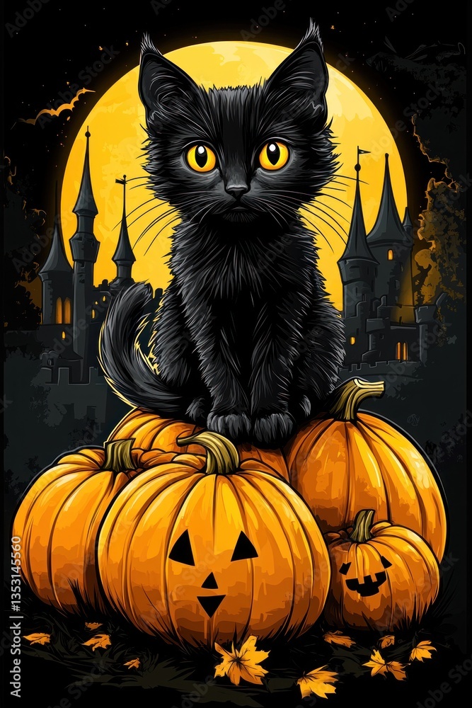 A black cat is perched upon a group of pumpkins at night A black cat is perched upon a group of pumpkins at night