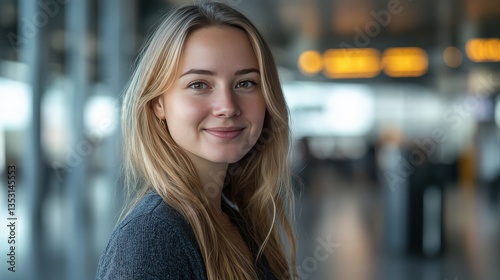 Wallpaper Mural Smiling Young Woman at Airport Terminal with Soft Natural Lighting Torontodigital.ca