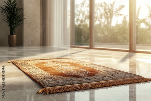 Modern prayer rug in a bright sunlit room with garden view