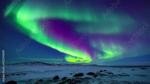 Winter Landscape with Lights Aurora Borealis-
