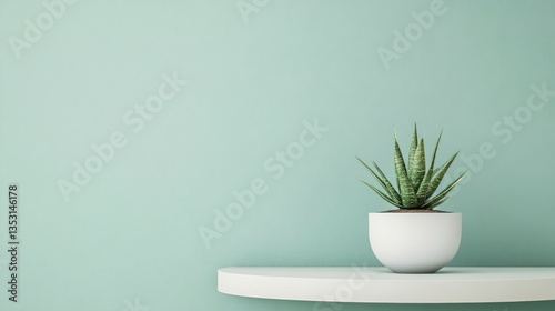 Wallpaper Mural Minimalist plant on white shelf against mint wall. Ideal for interior design, home decor Torontodigital.ca