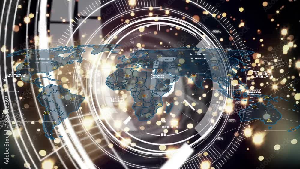 Animation of digital world map with glowing circles over futuristic interface Animation of digital world map with glowing circles over futuristic interface