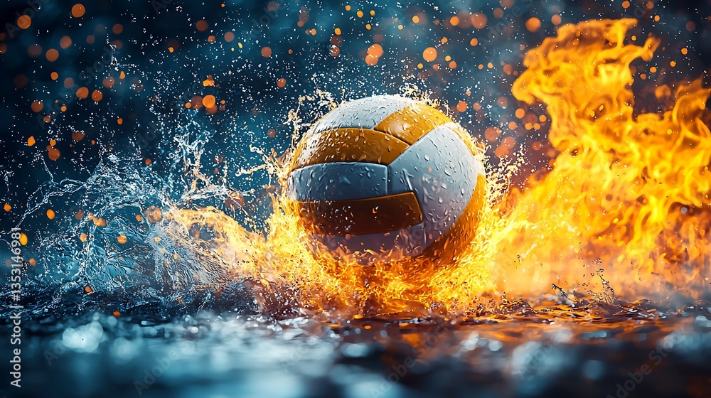 Fiery volleyball splashing in water.