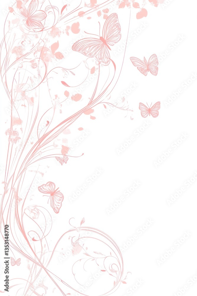 Delicate pink butterflies and floral elements adorn a white background Delicate pink butterflies and floral elements adorn a white background