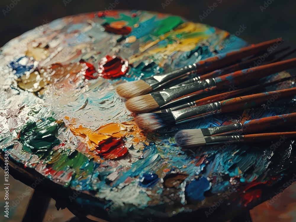 Fototapeta premium Palette of paints with brushes in an artist's studio.