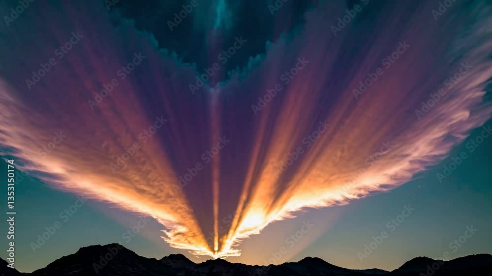 Dramatic sunset cloud formation over mountains with changing sky colors