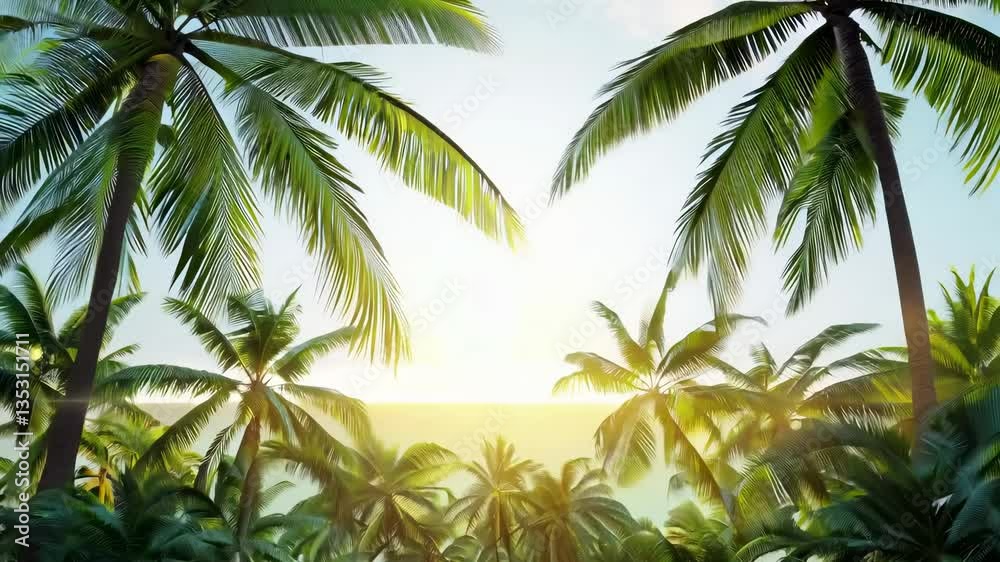A video scene capturing a low-angle view of lush palm trees against a bright sky, creating a serene and tropical atmosphere. Live desktop wallpaper. A video scene capturing a low-angle view of lush palm trees against a bright sky, creating a serene and tropical atmosphere. Live desktop wallpaper.