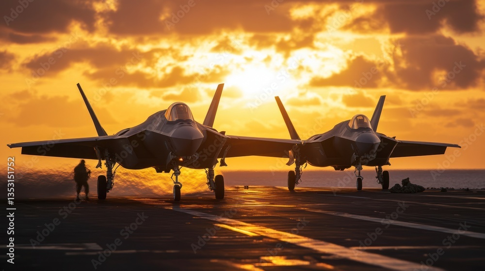 Fototapeta premium Military jets landing on aircraft carrier deck at sunset