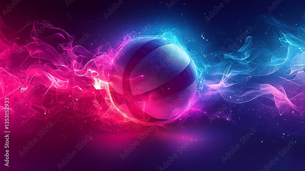 Fiery volleyball engulfed in pink and blue flames.
