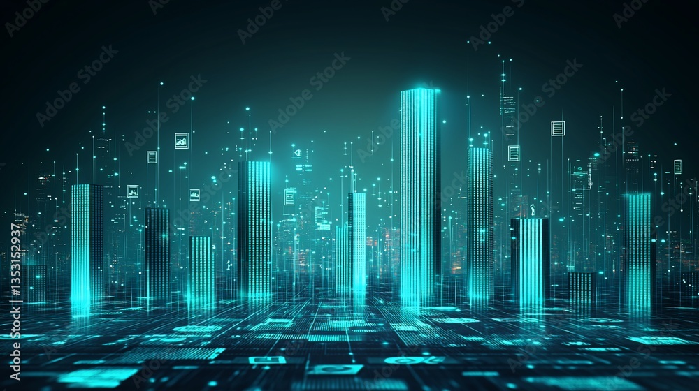 Futuristic digital city skyline at night.