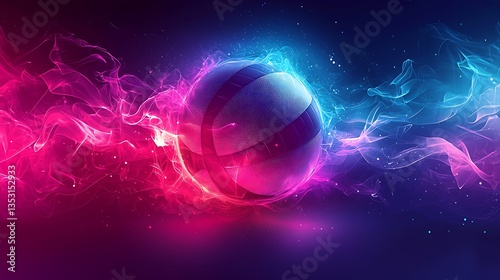 Fiery volleyball engulfed in pink and blue flames.