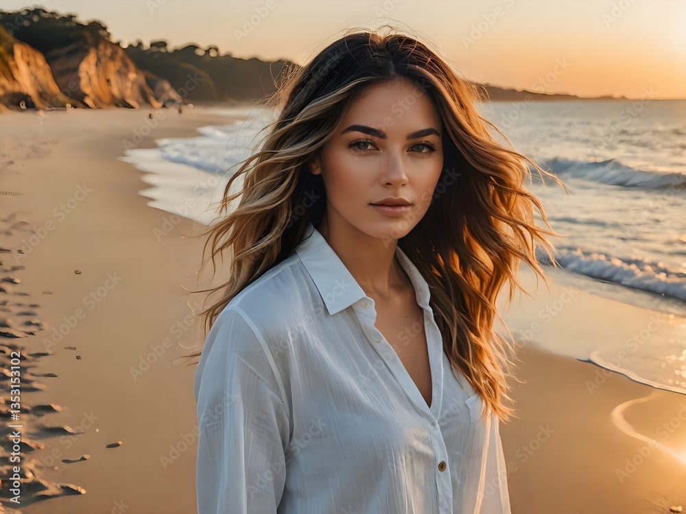 Realistic photo of a woman with ombre hair, beach setting, golden hour. Realistic photo of a woman with ombre hair, beach setting, golden hour.