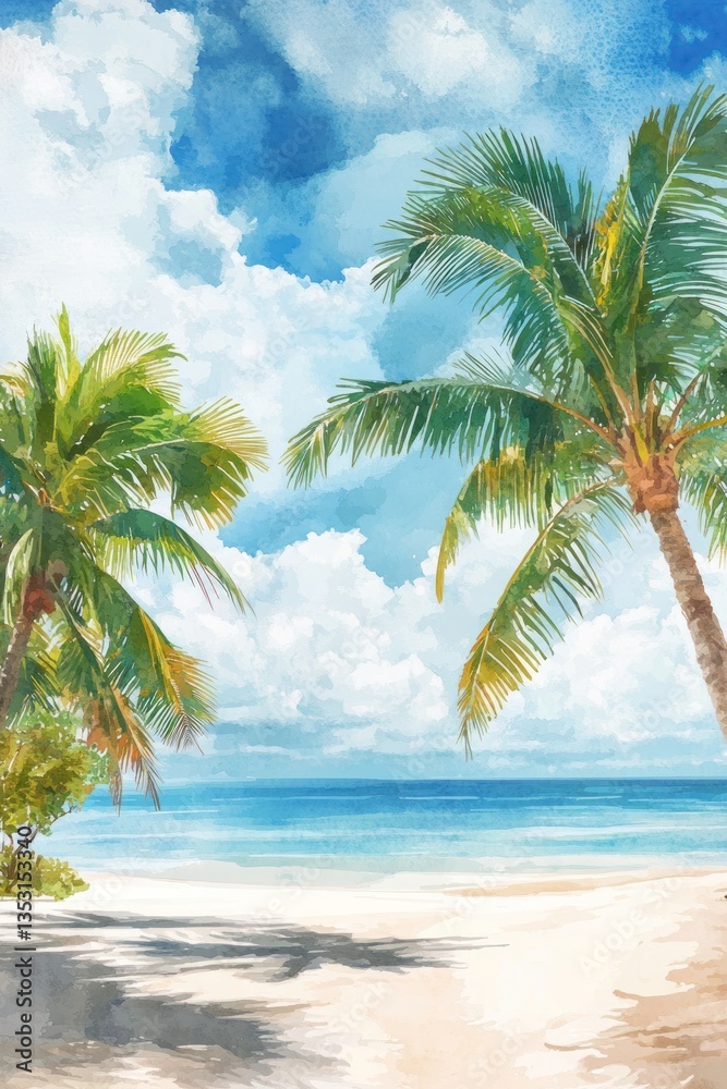 Obraz premium Two palm trees frame a beautiful watercolor beach scene
