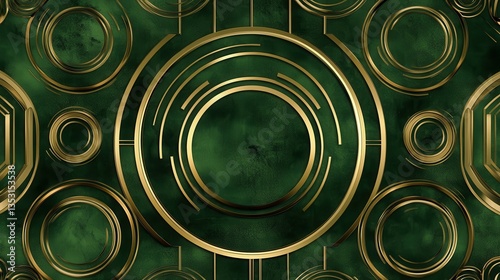 Emerald Green Marble  Gold Art Deco Geometric Pattern.