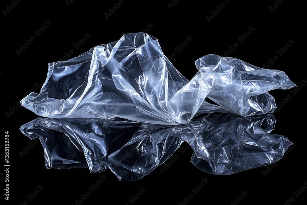 Transparent plastic wrap crumpled and illuminated against a dark background creating an abstract texture Transparent plastic wrap crumpled and illuminated against a dark background creating an abstract texture