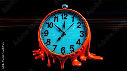 Surreal Glitch Art of a Melting Clock with Distorted Numbers and Vibrant Color Palette
