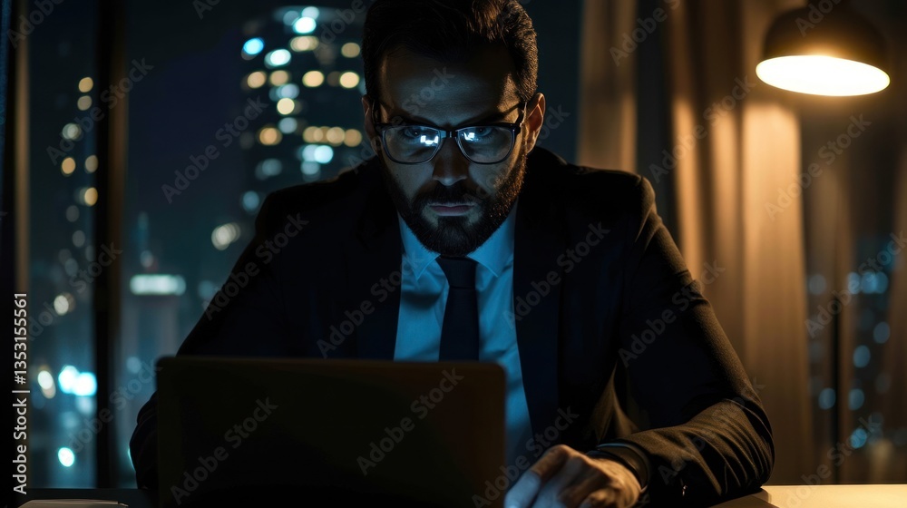 Focused businessman working late at night in city view office Focused businessman working late at night in city view office