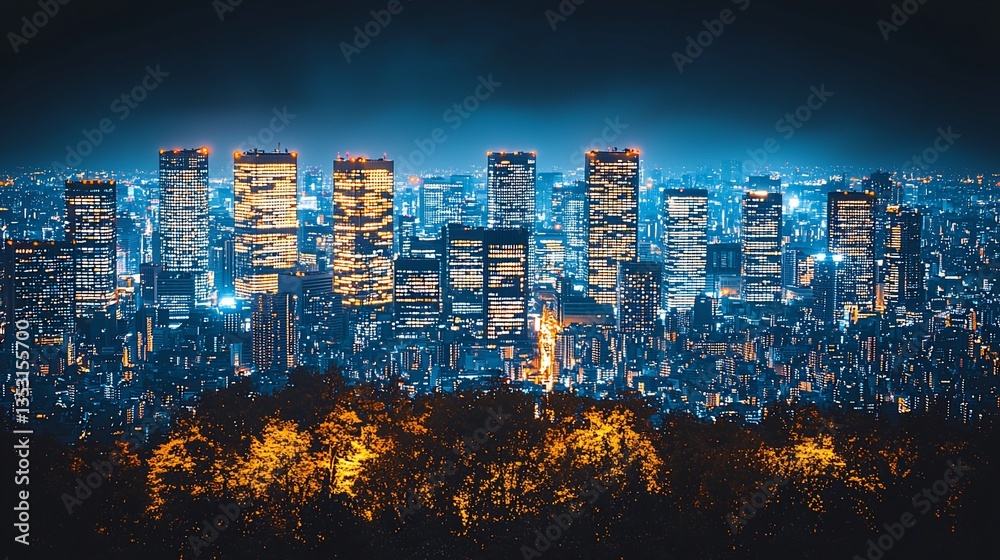 Obraz premium Night City Skyline Panoramic View