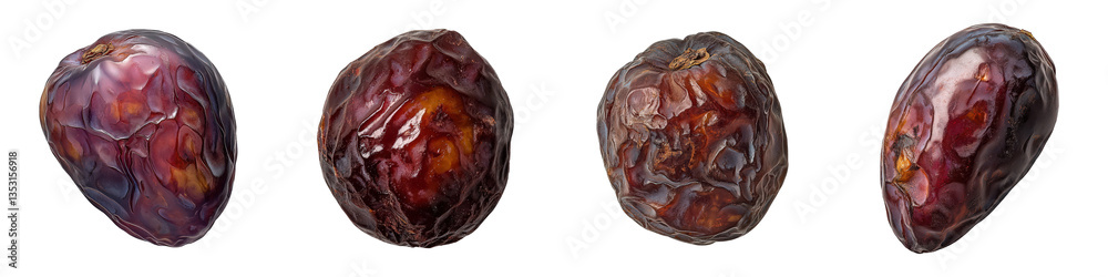 Four dates exhibit wrinkled textures and rich hues, a closeup view of these sweet treats Four dates exhibit wrinkled textures and rich hues, a closeup view of these sweet treats