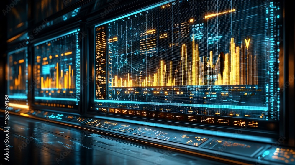 Futuristic control room with multiple screens displaying financial data and graphs.