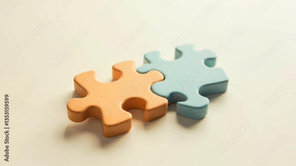 Obraz premium Interlocking Orange and Blue Puzzle Pieces on Cream Background, Connectivity Concept.