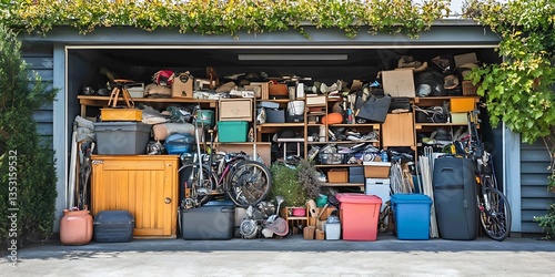 The open garage is filled with various items for storage