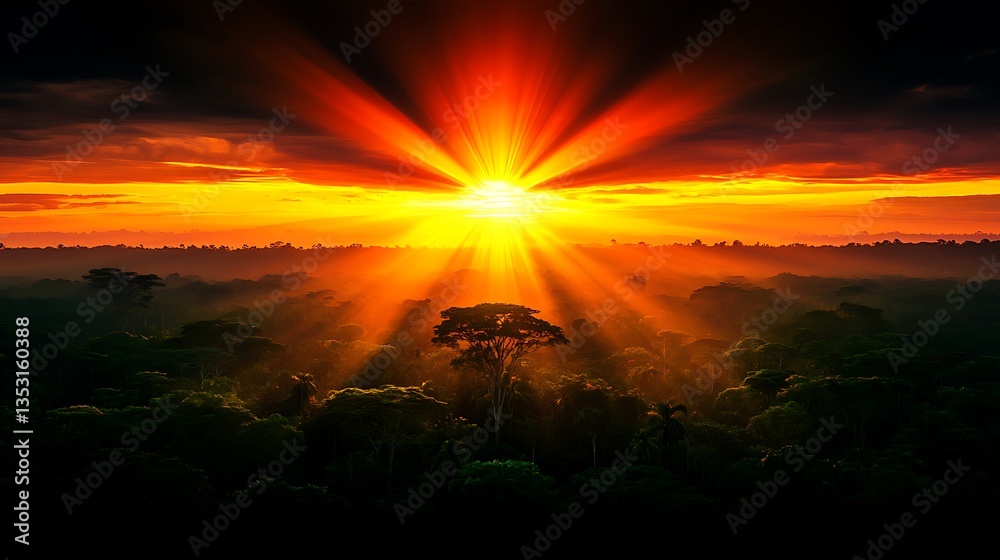 Naklejka premium Amazon Sunrise Fiery Rays Illuminate Rainforest Canopy.