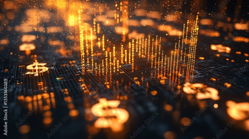 Abstract glowing financial chart with dollar signs.