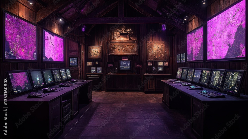 Dark wooden control room with multiple monitors displaying maps and data. Dark wooden control room with multiple monitors displaying maps and data.