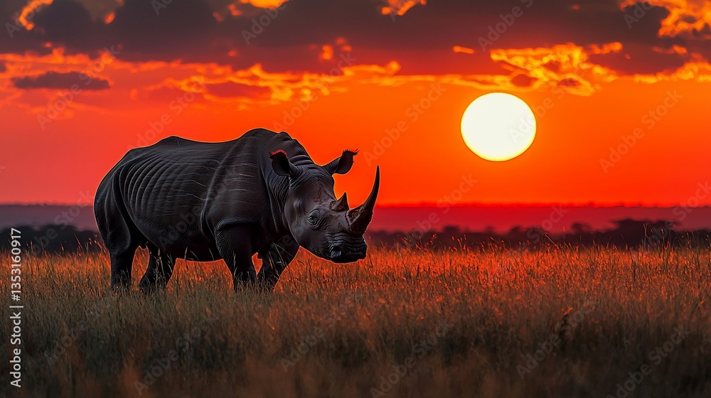 White rhinoceros silhouetted against a vibrant sunset.