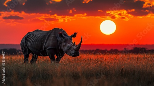 Obraz na płótnie White rhinoceros silhouetted against a vibrant sunset. w salonie