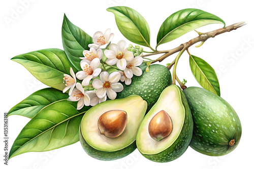 Fototapeta Naklejka Na Ścianę i Meble -  Watercolor Avocado Tree Branch with Flowers – High-Quality PNG Illustration
