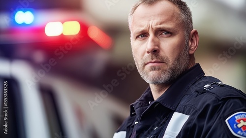 Serious Paramedic at Emergency Scene with Ambulance Lights.