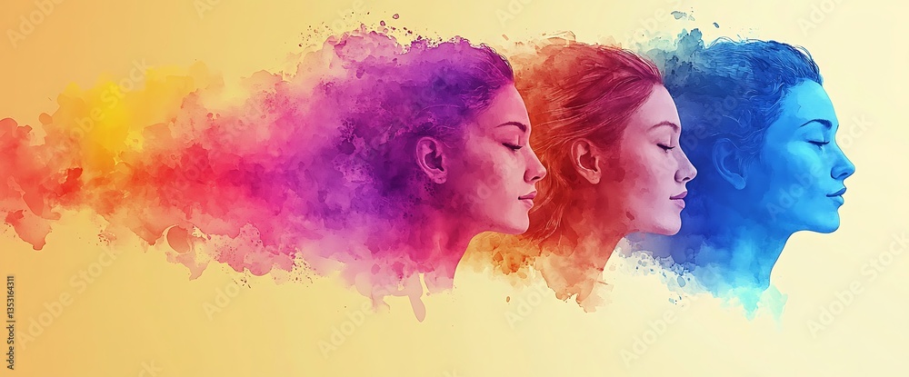 Obraz premium Colorful Womens Profiles in Watercolor.