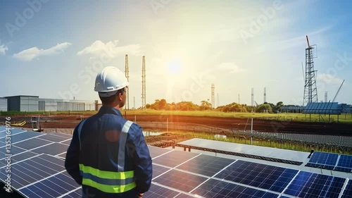 Wallpaper Mural A worker in a hard hat and reflective vest observes solar panels at sunset. The video captures a rear-view angle, emphasizing renewable energy themes. Torontodigital.ca