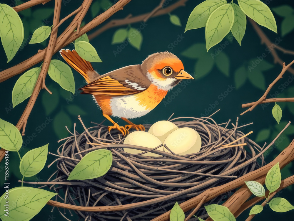A bird is sitting on a nest with three eggs. The nest is made of twigs and leaves. The bird is looking down at the eggs, possibly preparing to feed them. Concept of warmth and nurturing