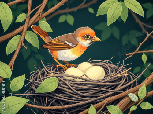 Obraz na płótnie A bird is sitting on a nest with three eggs. The nest is made of twigs and leaves. The bird is looking down at the eggs, possibly preparing to feed them. Concept of warmth and nurturing w salonie