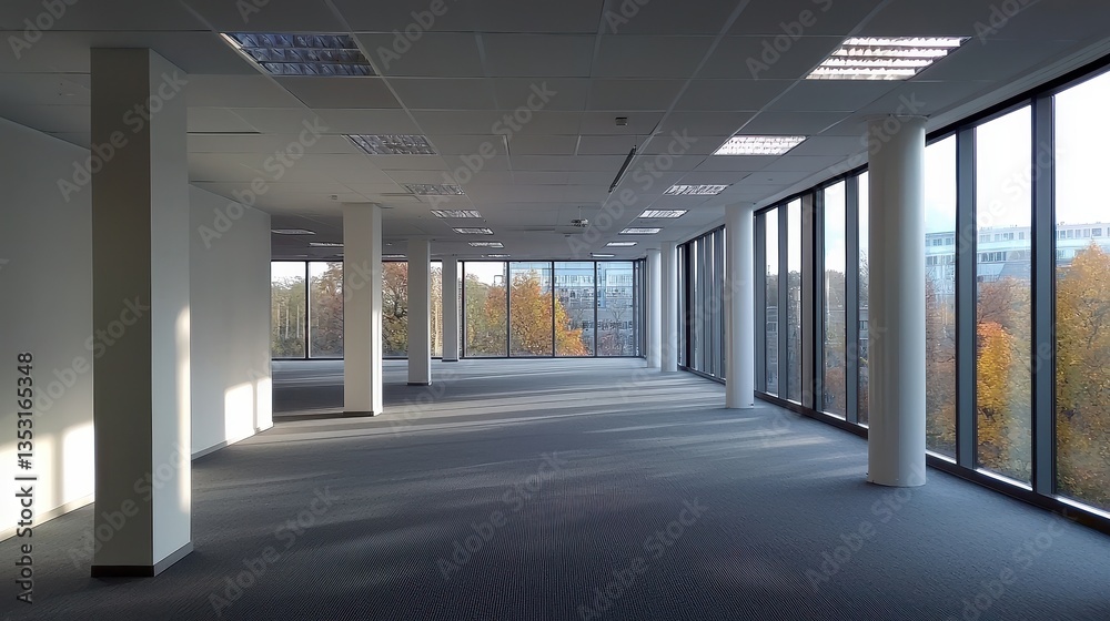 Spacious office interior ready for occupancy, featuring large windows, neutral decor, and ample natural light for productive work. Spacious office interior ready for occupancy, featuring large windows, neutral decor, and ample natural light for productive work.