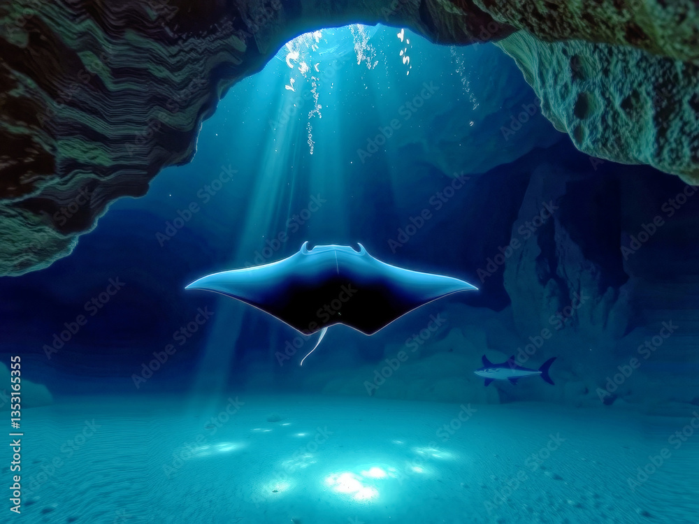 A large blue stingray is swimming in a cave. The cave is illuminated by sunlight, creating a peaceful and serene atmosphere